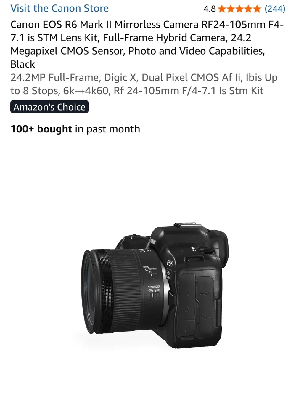 Canon EOS R6 Mark II Mirrorless Camera - Black Body with Black Lens NWOT